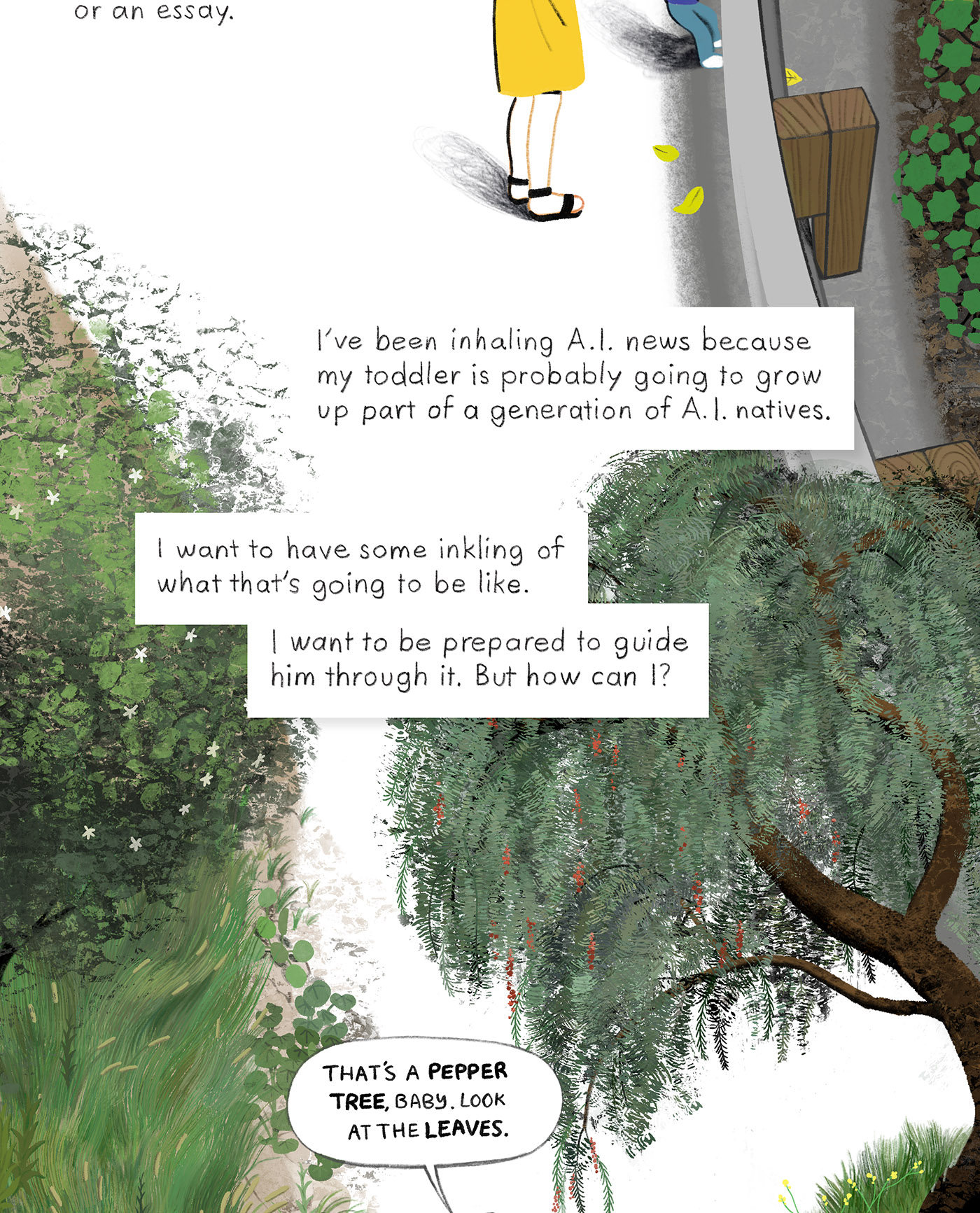 A mother and child on a path surrounded by plants and trees.